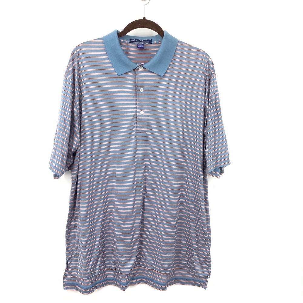 Alan Flusser Men Large Golf Polo Shirt Blue Red Striped Cotton Short Sleeve‎